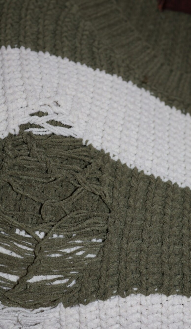POL Olive Green and Cream Distressed Striped Knit Sweater. - Picture 10 of 13
